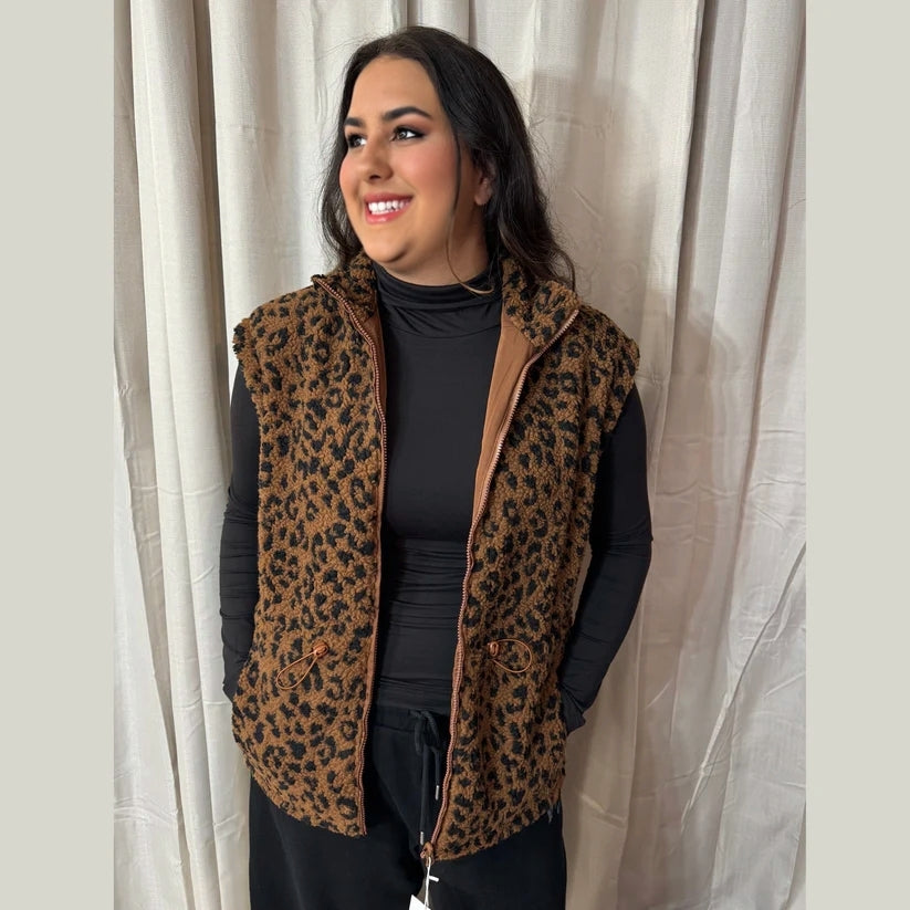 Leopard Sherpa Reversible Zip Vest