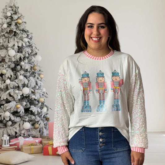 Glittery Nutcrackers on White Top with Sequin Sleeves by Emma+ Grace