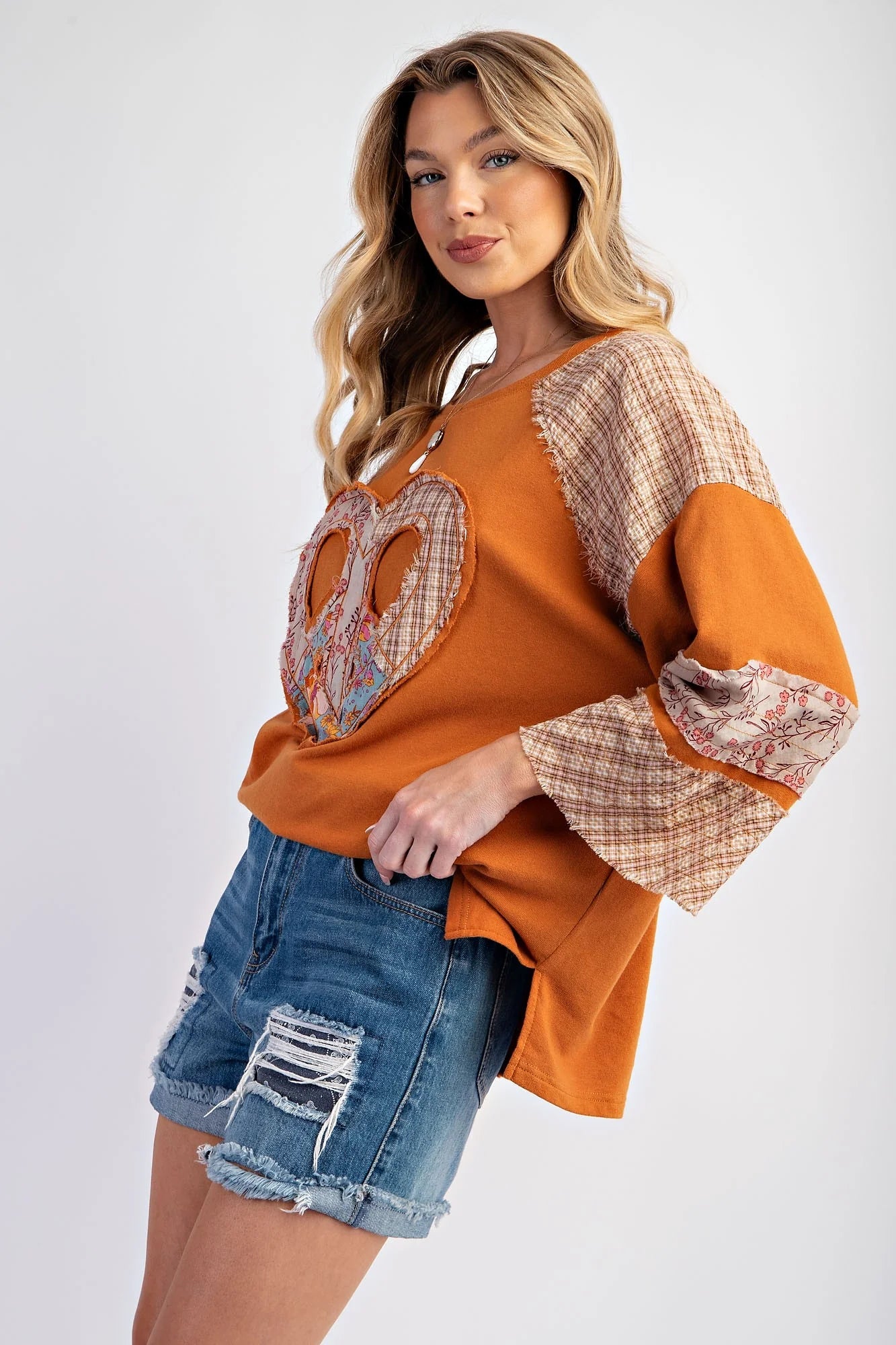 Easel Cotton Terry Knit Top with Heart Patch in - SV Boutique & Co.