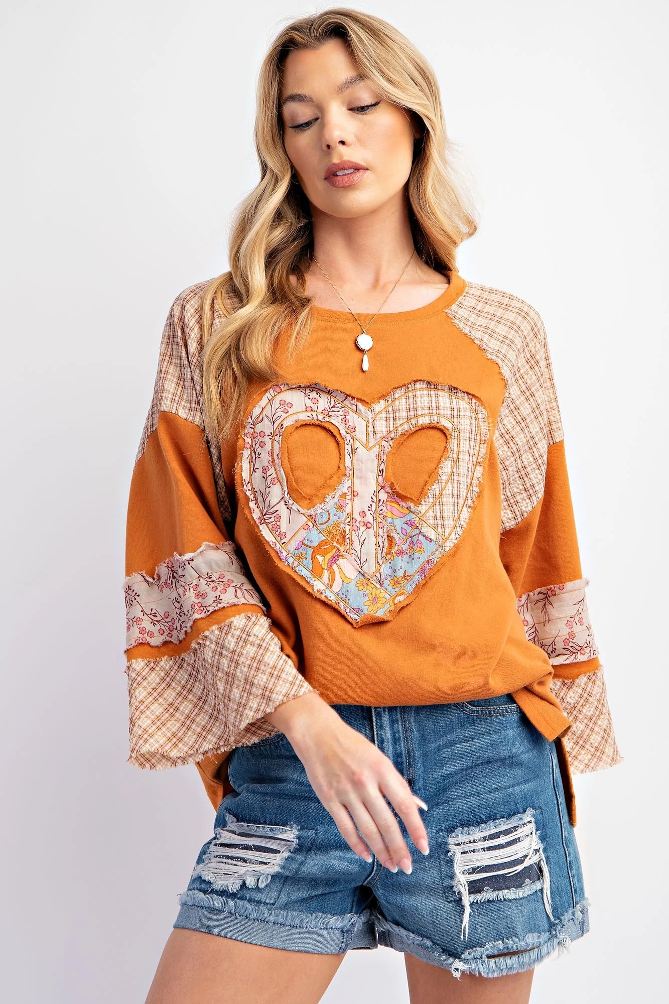 Easel Cotton Terry Knit Top with Heart Patch in - SV Boutique & Co.