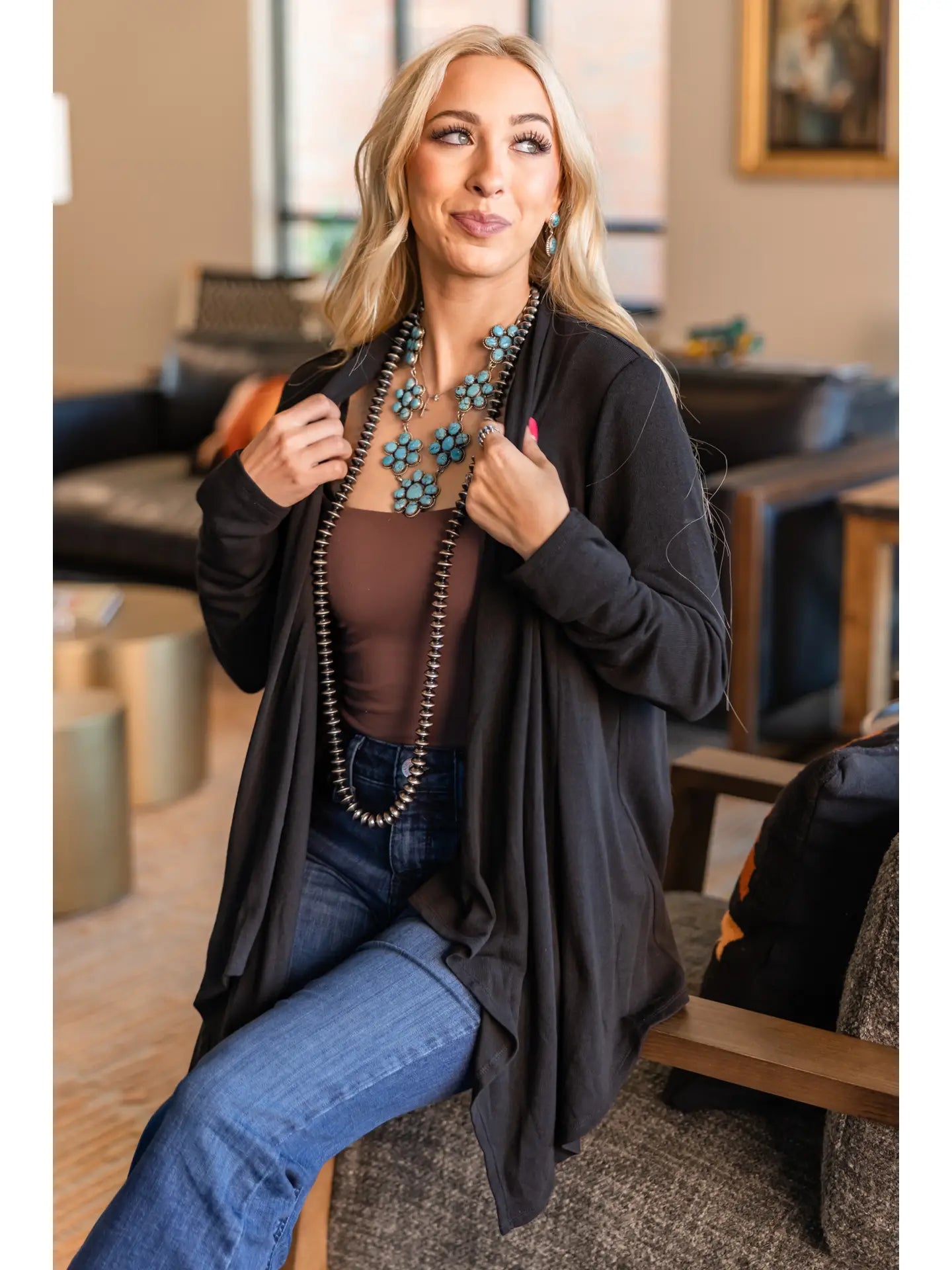 Soft Drape Open Front Black Cardigan