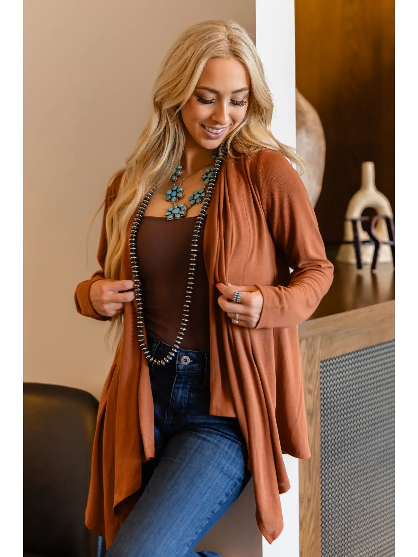 Soft Drape Open Front Rust Cardigan - SV Boutique & Co.