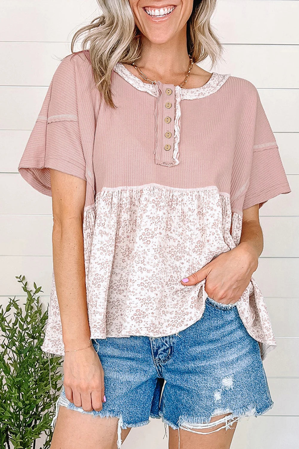 Pink Waffle Floral Babydoll Slub Top - SV Boutique & Co.