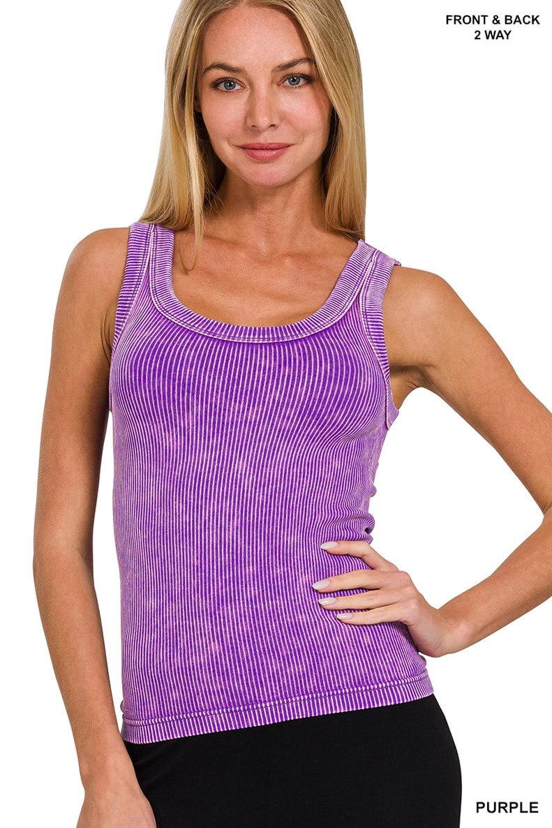 MINERAL WASHED 2 WAY NECKLINE RIB TANK TOP SCOOP NECK/BOAT NECK - SV Boutique & Co.