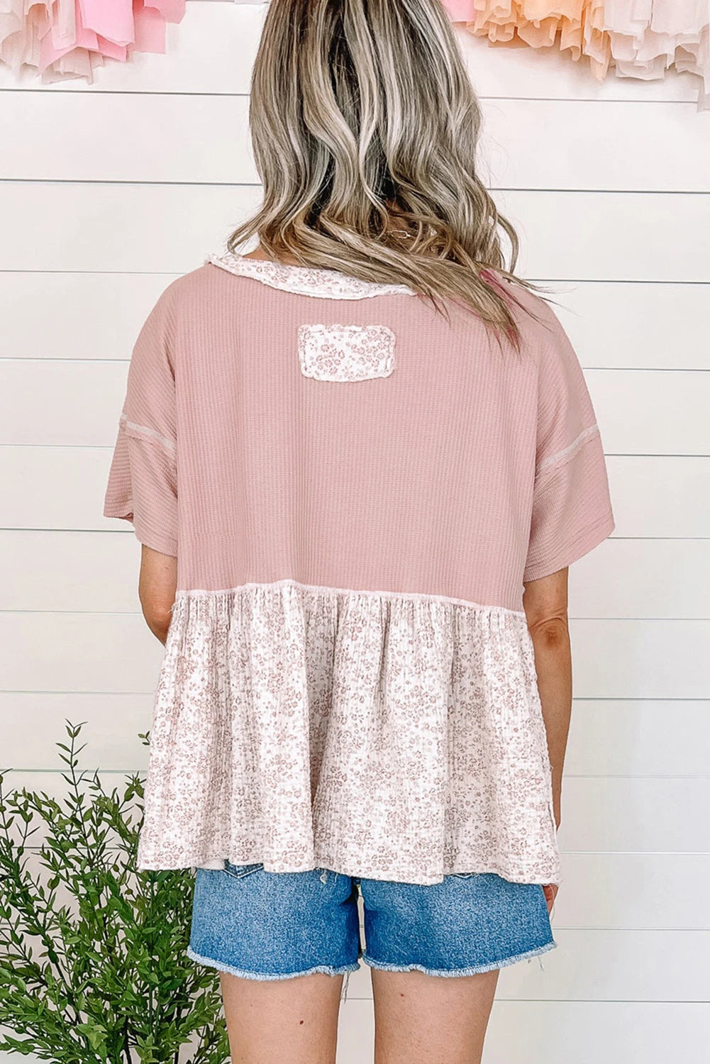Pink Waffle Floral Babydoll Slub Top - SV Boutique & Co.
