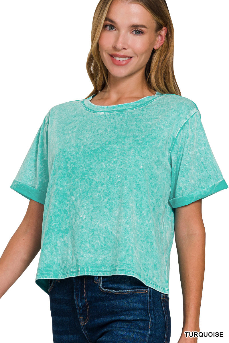 COOL TIDE ACID WASH ROLL-CUFF SHORT SLEEVE CROP TOP - SV Boutique & Co.