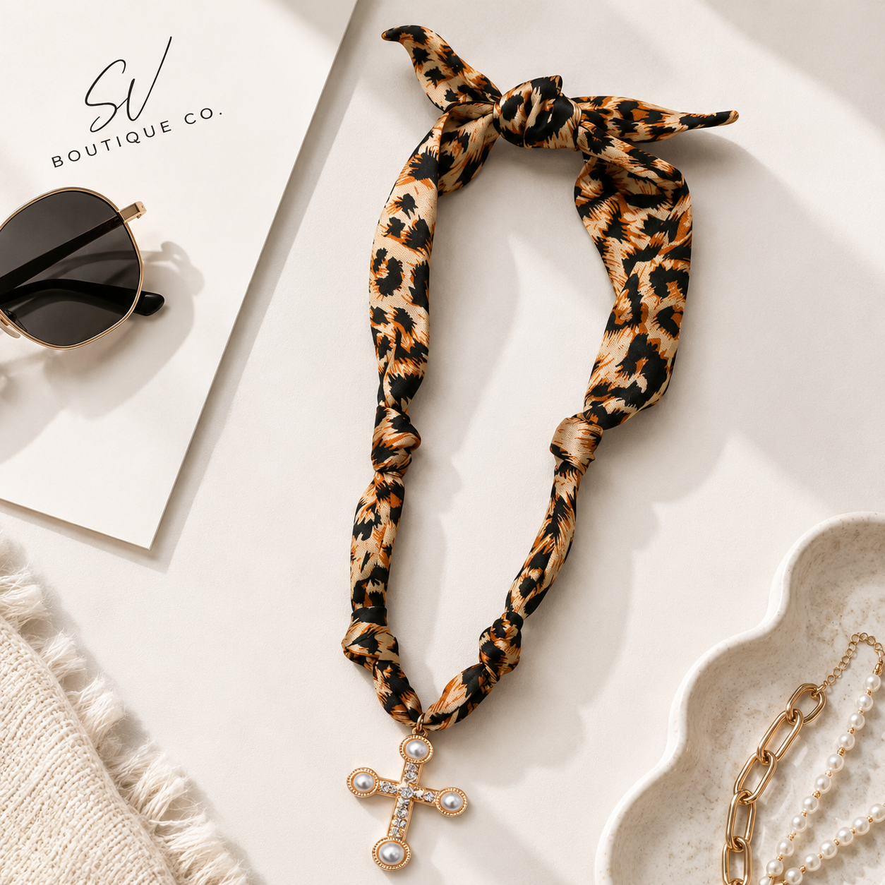 Leopard Cross Scarf Necklace - SV Boutique & Co.