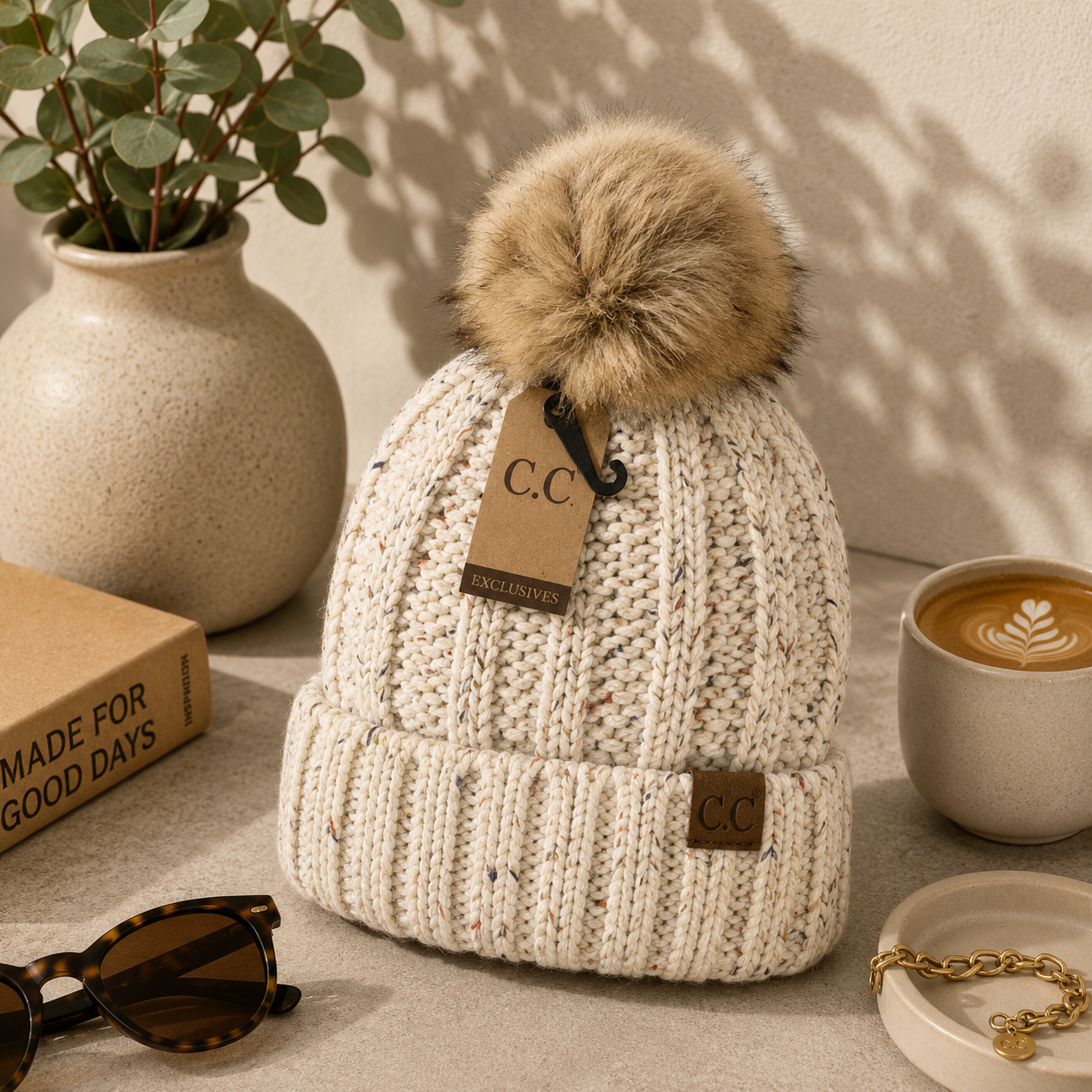 CC Fuzzy Lined Flecked Fur Pom Beanie