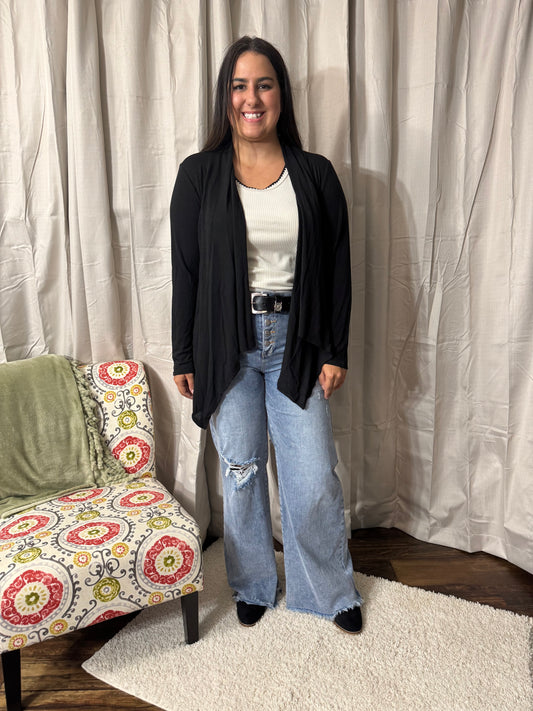 Soft Drape Open Front Black Cardigan