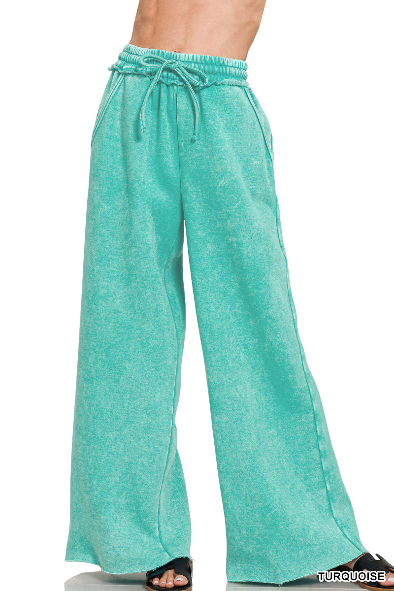COOL TIDE ACID WASH FLEECE PALAZZO SWEATPANTS WITH POCKETS - SV Boutique & Co.