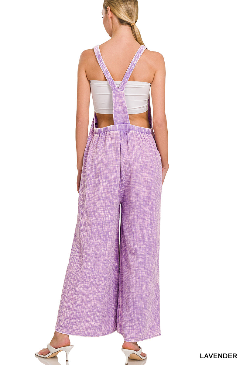 Grape Crush Washed double gauze elastic waist wide leg overalls - SV Boutique & Co.