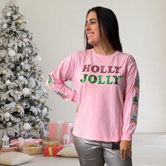 Holly Jolly Sequin On Pink Sweatshirt