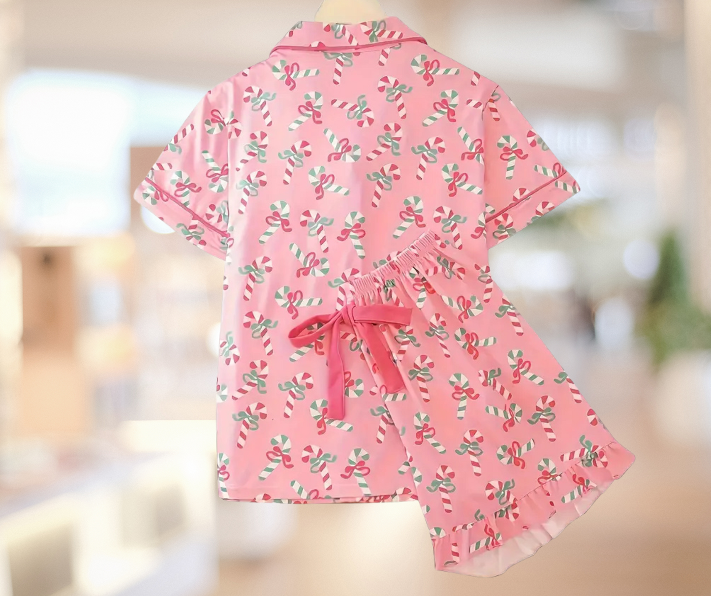 Candy Cane Collared Neck, Button Down Top and Shorts Lounge Set - SV Boutique & Co.