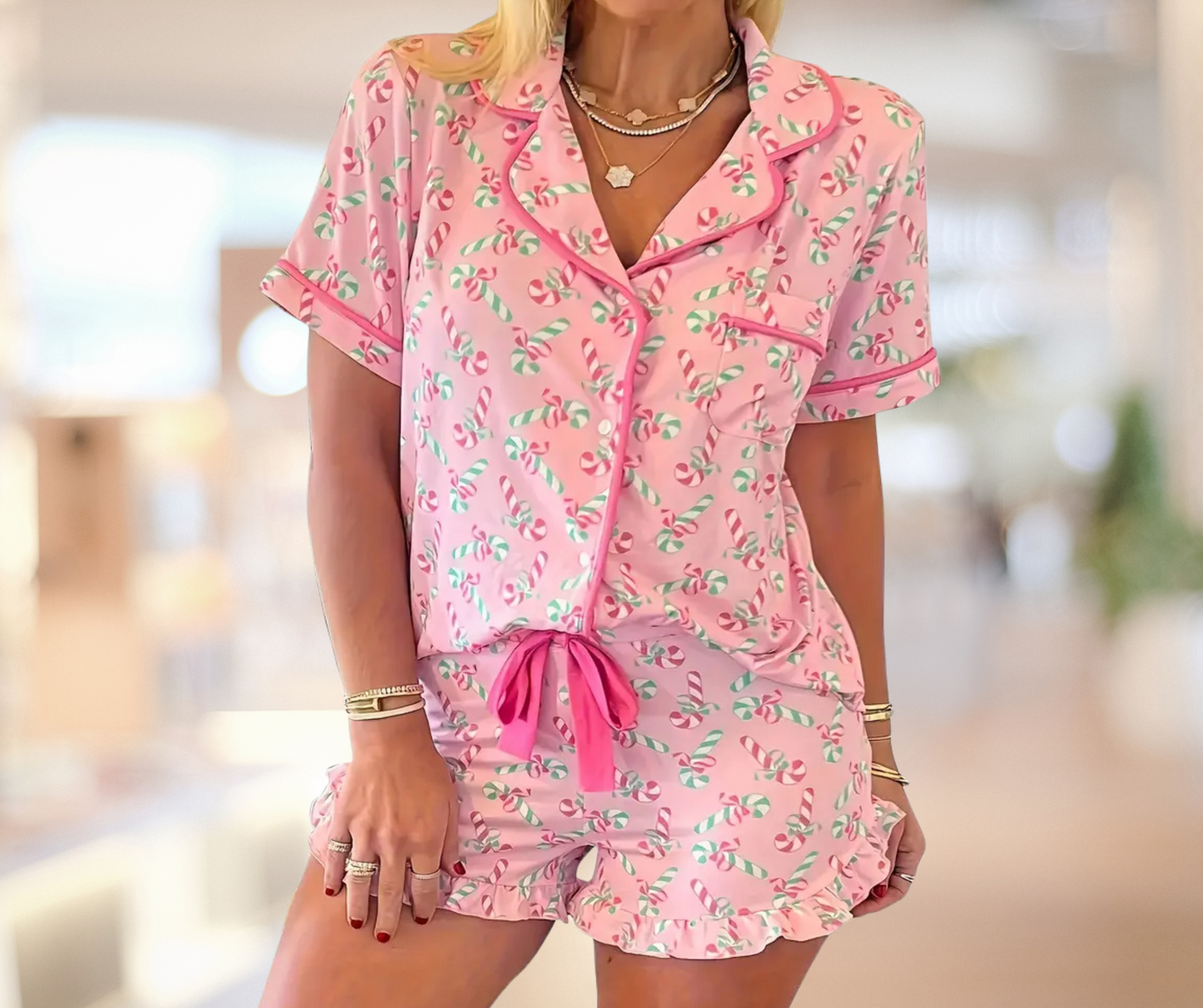 Candy Cane Collared Neck, Button Down Top and Shorts Lounge Set - SV Boutique & Co.