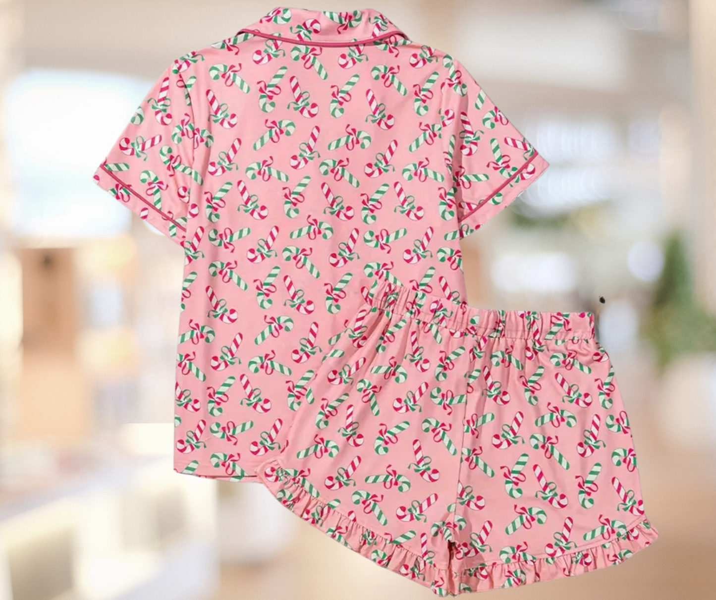 Candy Cane Collared Neck, Button Down Top and Shorts Lounge Set - SV Boutique & Co.