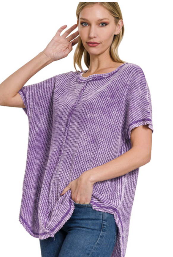 PURPLE HAZE WASHED BABY WAFFLE SHORT SLEEVE OVERSIZED TOP - SV Boutique & Co.
