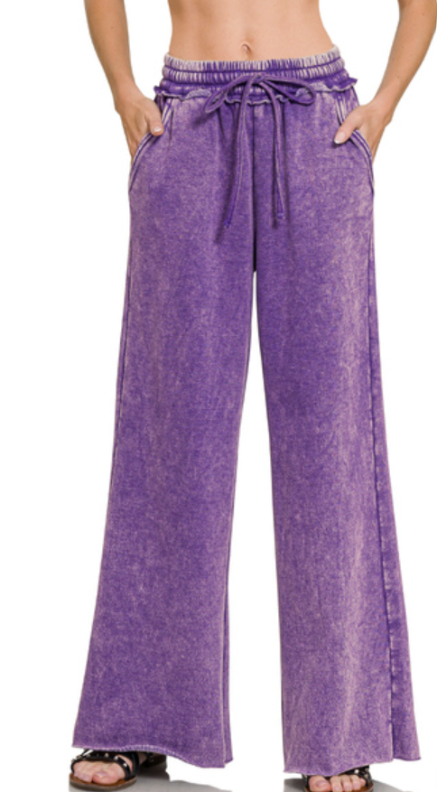 PURPLE HAZE ACID WASH FLEECE PALAZZO SWEATPANTS WITH POCKETS BY ZENANA - SV Boutique & Co.