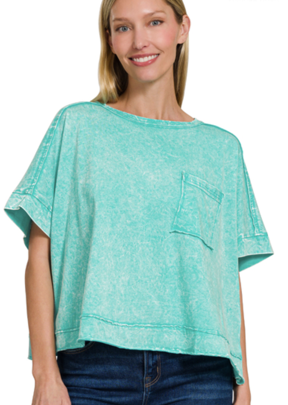 COOL TIDE ACID CRINKLE WASHED OVERSIZED CROP BOX TEE SIDE SLITS BY ZENANA - SV Boutique & Co.