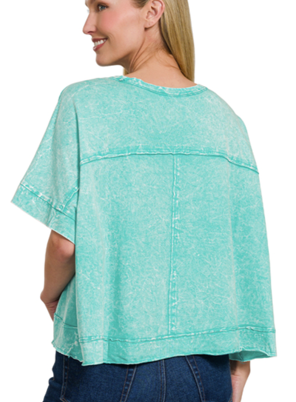 COOL TIDE ACID CRINKLE WASHED OVERSIZED CROP BOX TEE SIDE SLITS BY ZENANA - SV Boutique & Co.