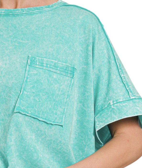 COOL TIDE ACID CRINKLE WASHED OVERSIZED CROP BOX TEE SIDE SLITS BY ZENANA - SV Boutique & Co.