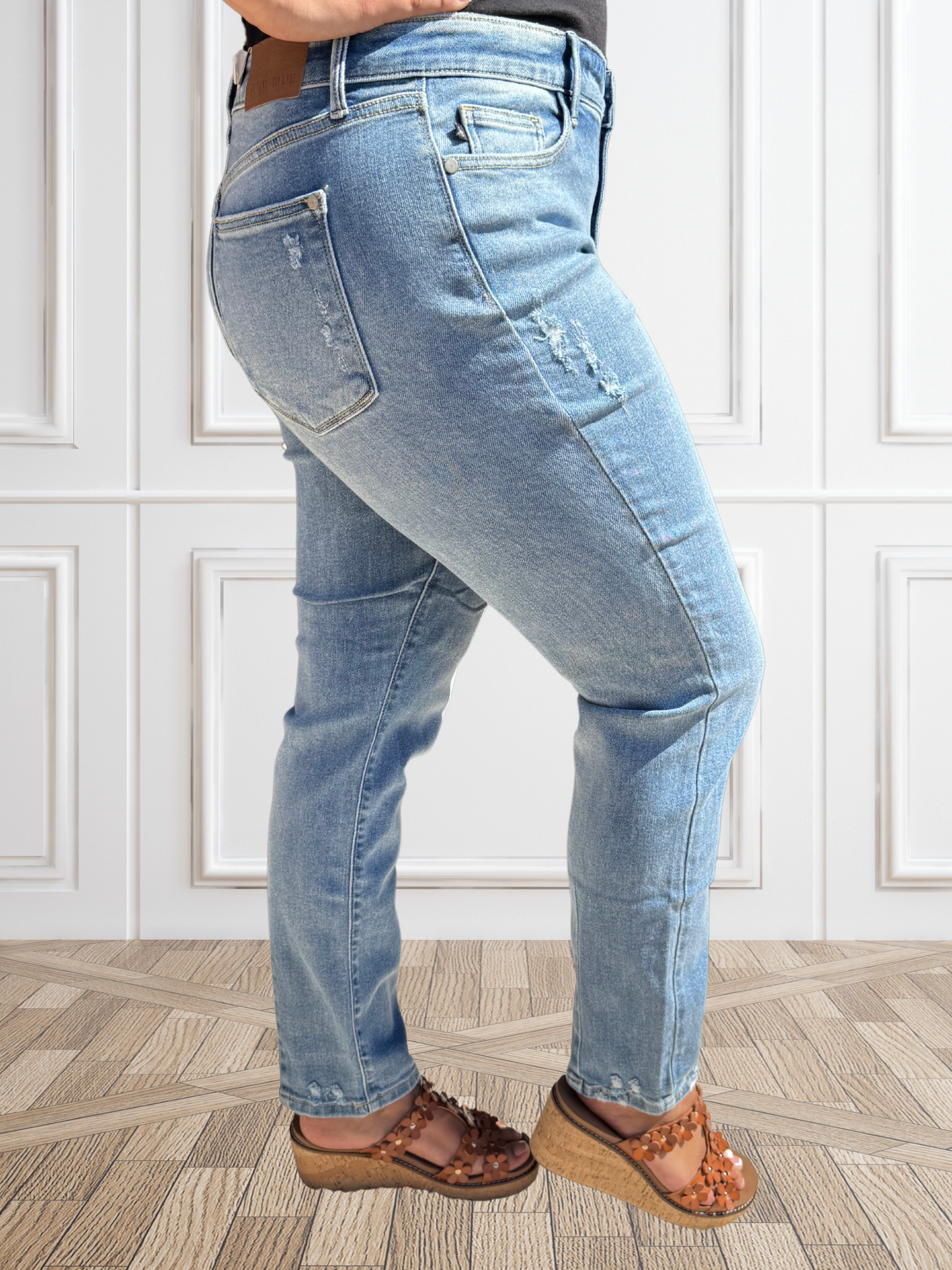 Judy Blue "Rebel" Hi-Waist Destroy & Back Hem Dart Slim Denim Jeans