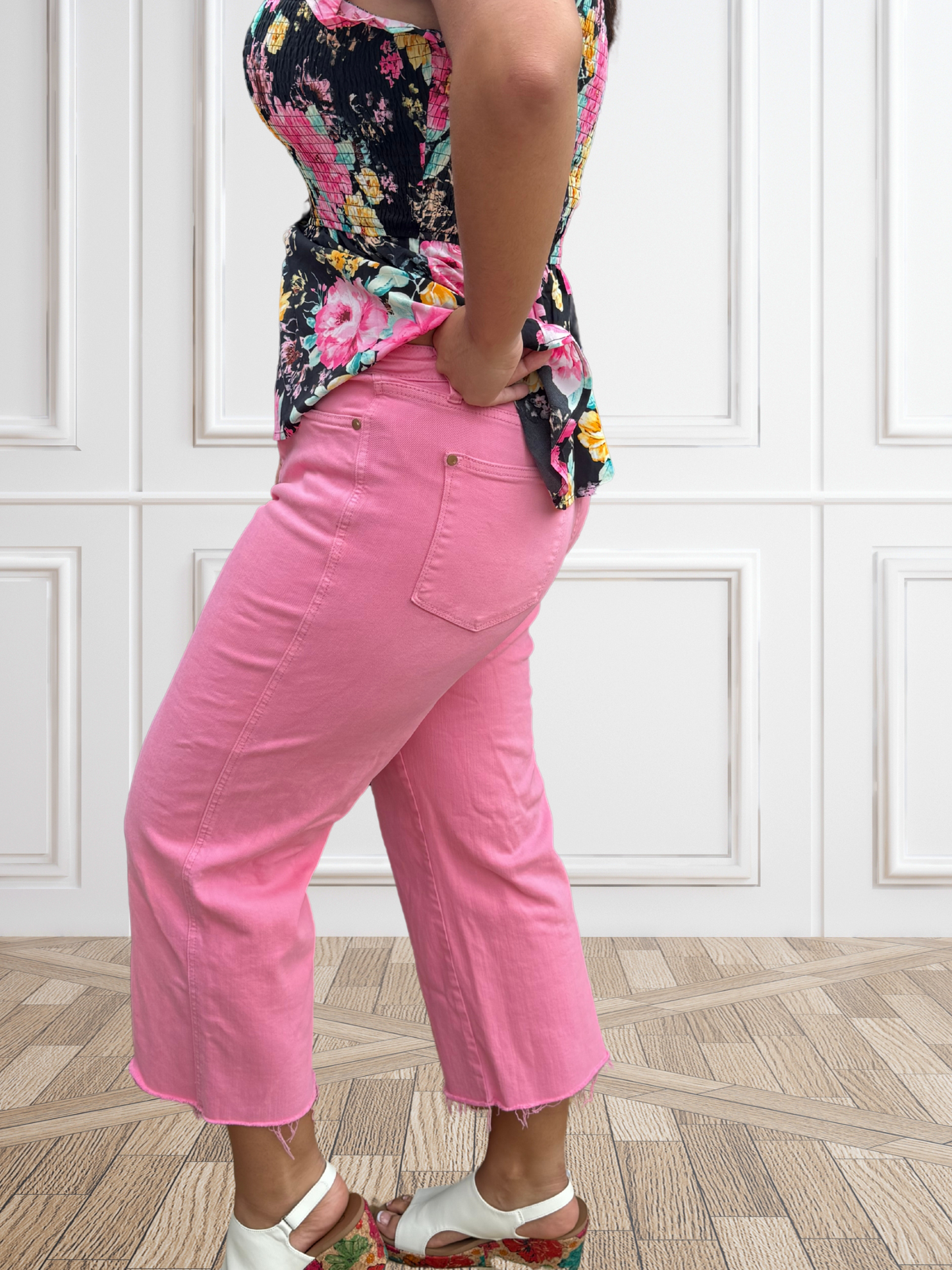JUDY BLUE PINK PUNCH HIGH RISE TUMMY CONTROL WIDE LEG CROP JEAN - SV Boutique & Co.