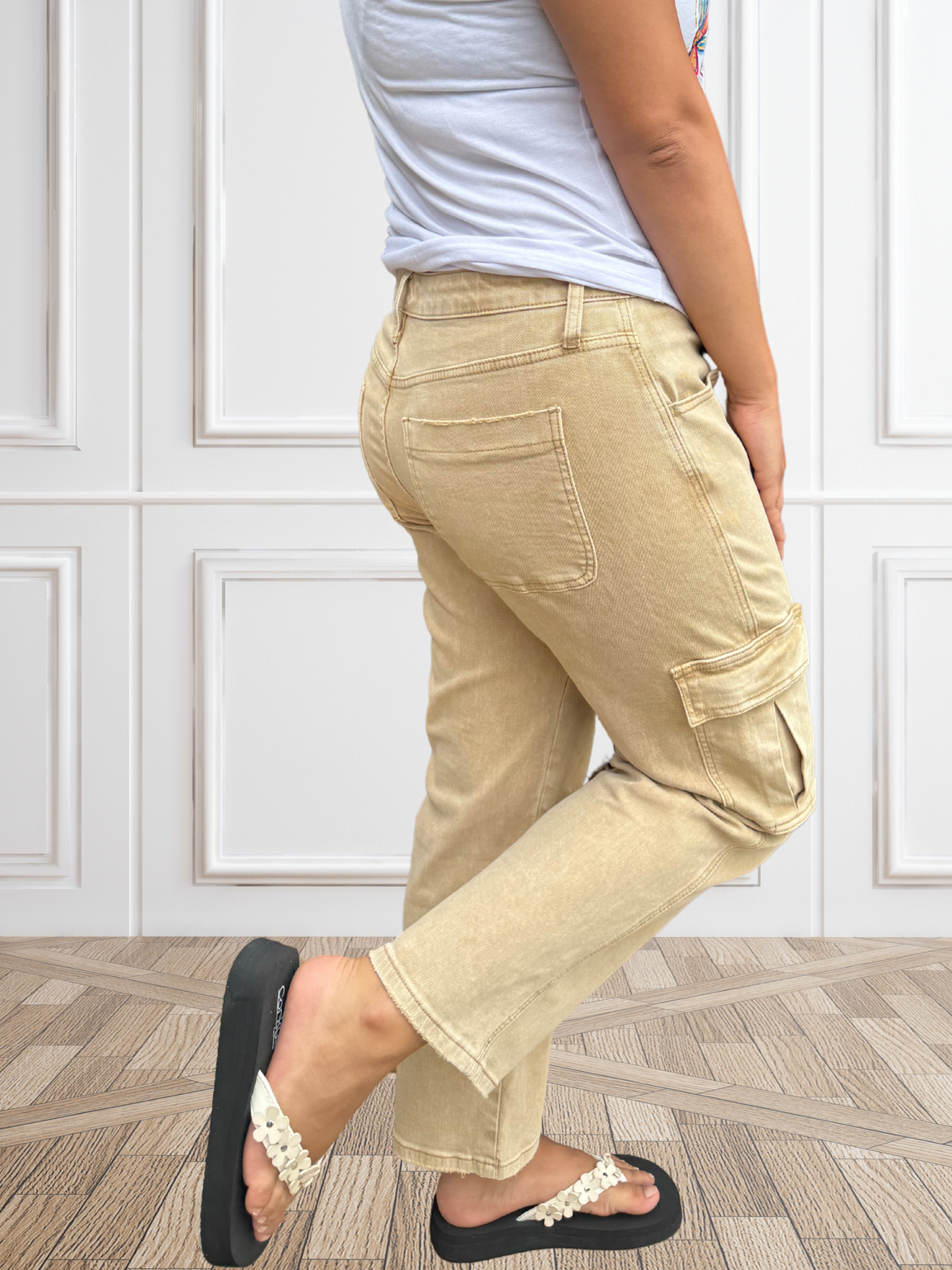 Vervet Khaki High Rise Relaxed Straight Cargo Ankle Jeans - SV Boutique & Co.