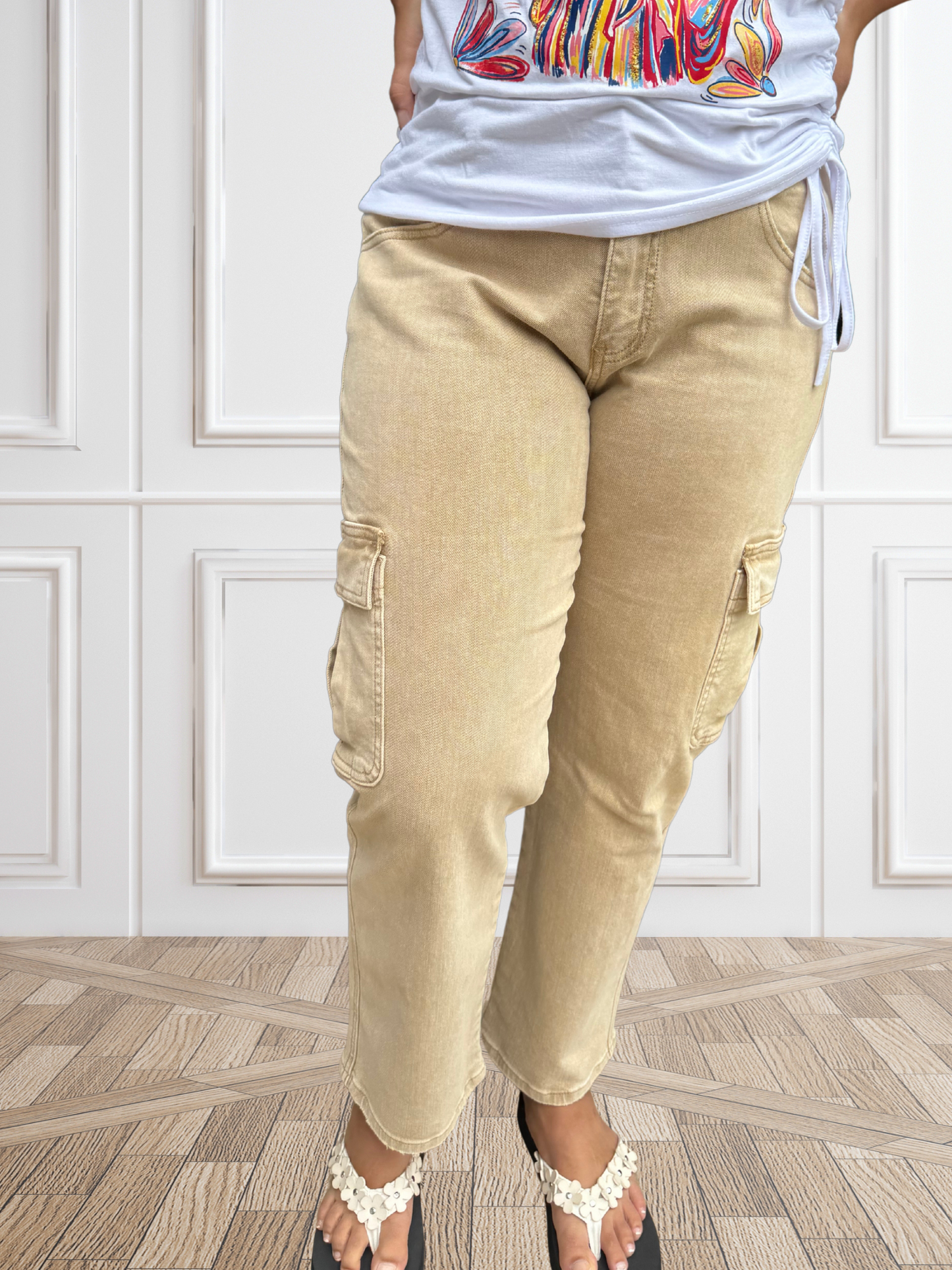 Vervet Khaki High Rise Relaxed Straight Cargo Ankle Jeans - SV Boutique & Co.