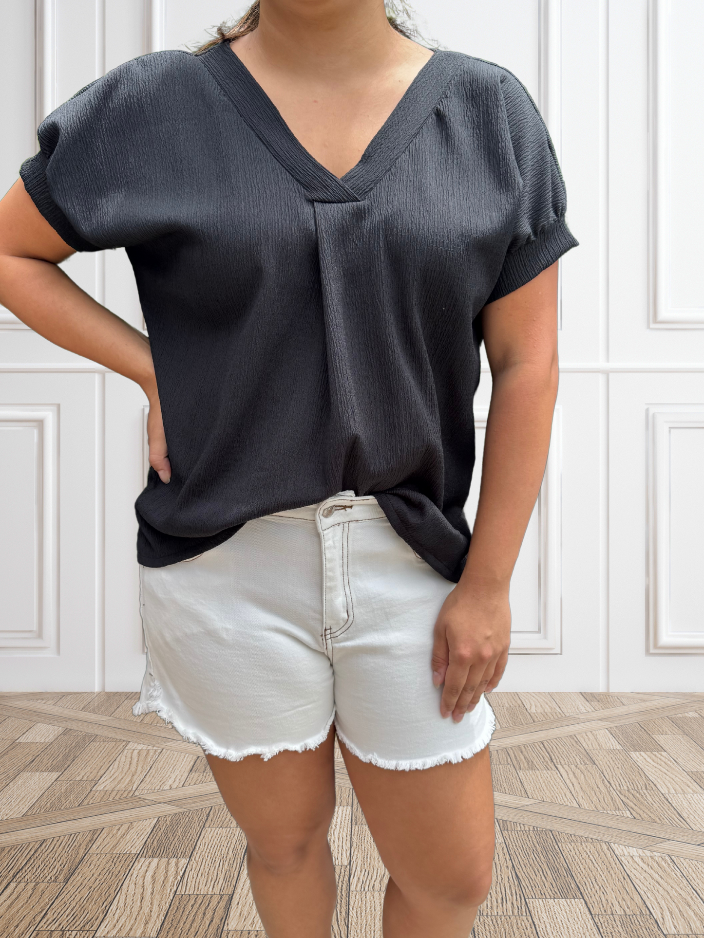 Black Solid Texture Crinkle Top