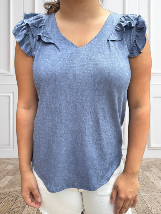 Vintage Denim Blue Ruffle Top