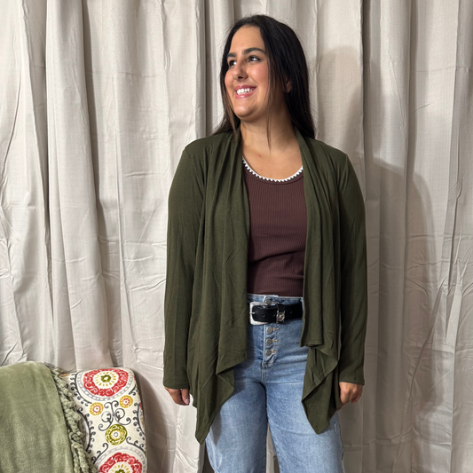 Soft Drape Open Front  Olive Cardigan