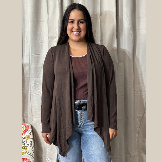 Soft Drape Open Front Chocolate Cardigan
