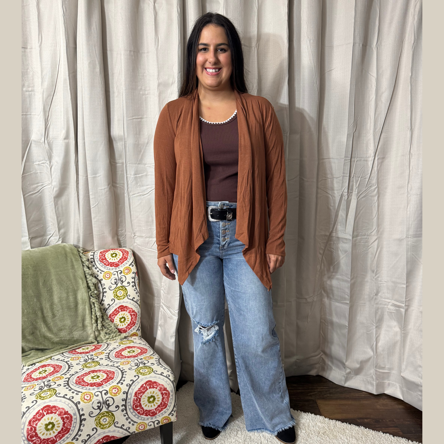 Soft Drape Open Front Rust Cardigan