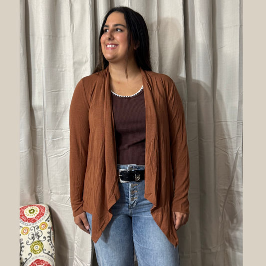 Soft Drape Open Front Rust Cardigan