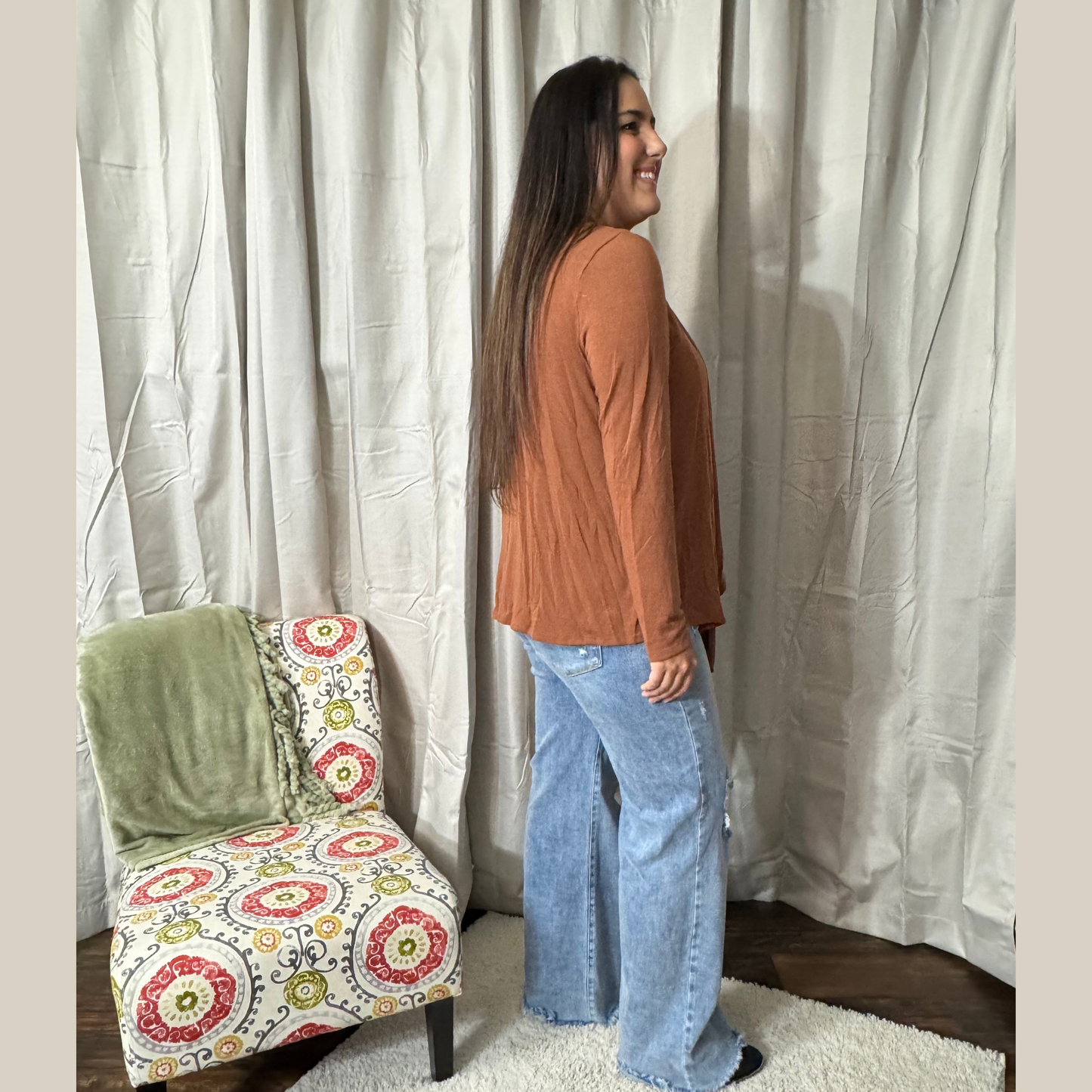 Soft Drape Open Front Rust Cardigan
