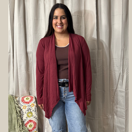 Soft Drape Open Front Wine Cardigan