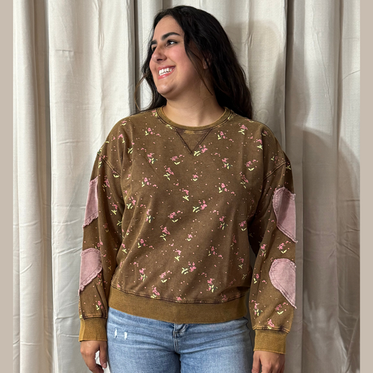 FLORAL PRINTED WASHED TERRY PULLOVER by Easel