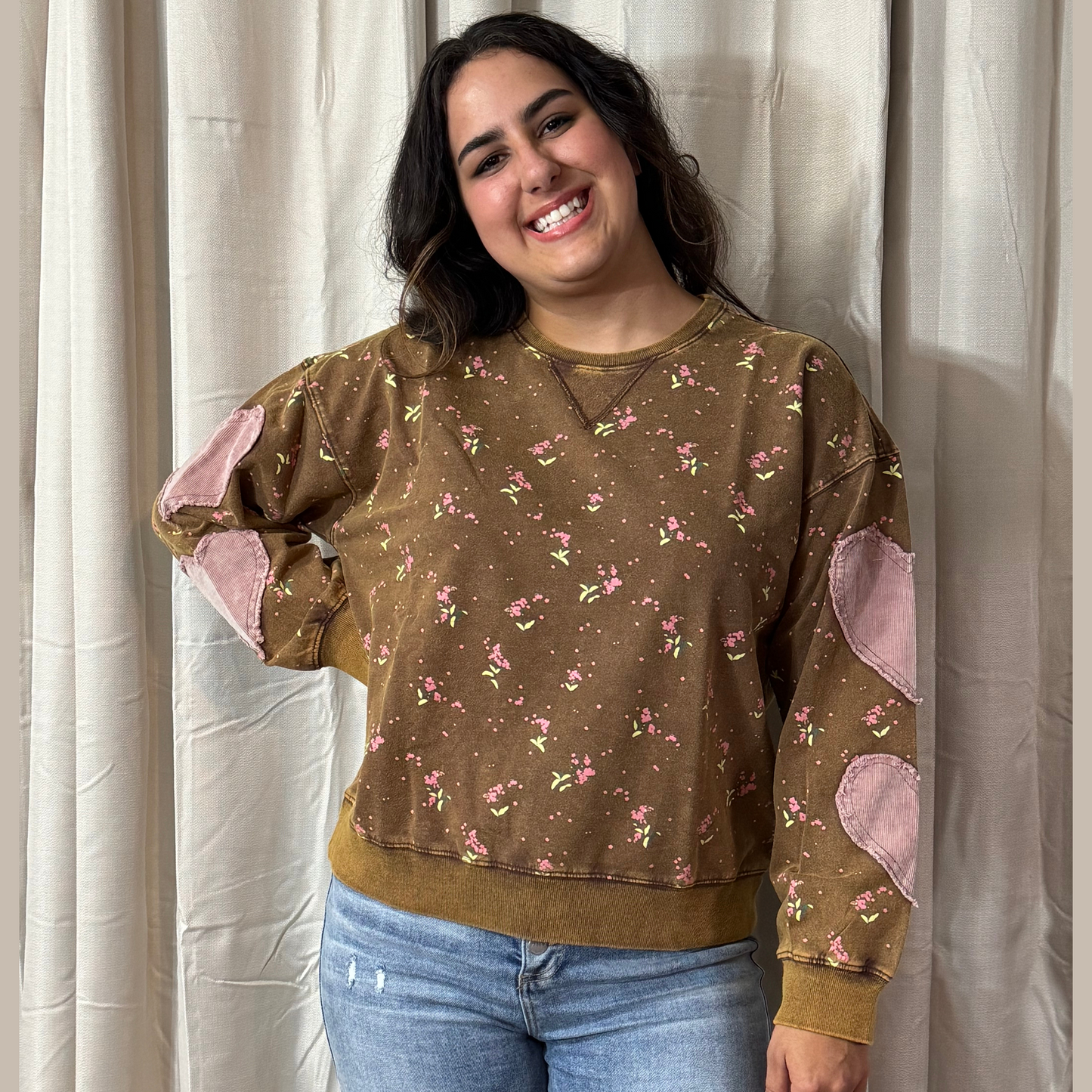 FLORAL PRINTED WASHED TERRY PULLOVER by Easel