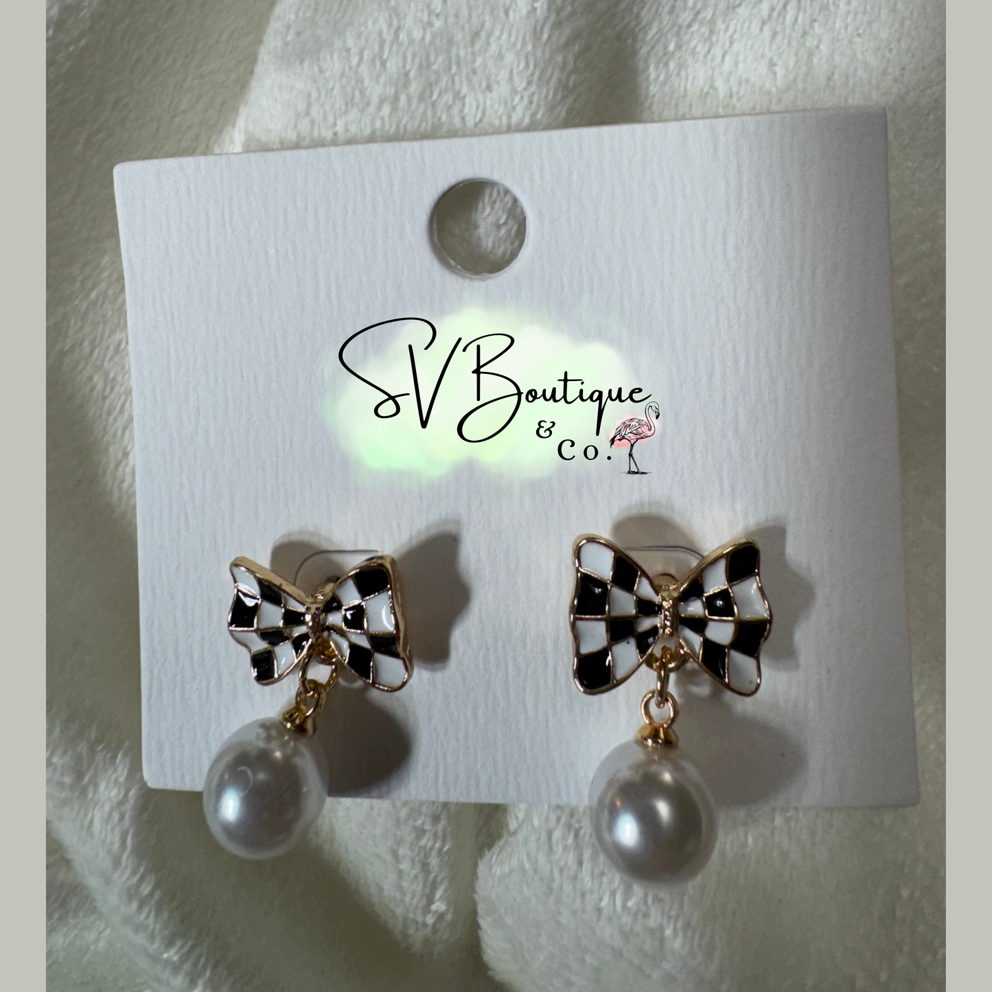 Checker Bow Pearl Drop Earrings