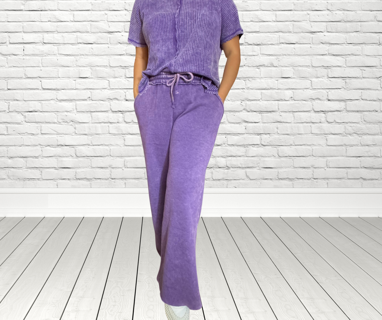 PURPLE HAZE ACID WASH FLEECE PALAZZO SWEATPANTS WITH POCKETS BY ZENANA - SV Boutique & Co.