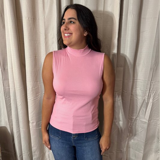 Pink Sleeveless Ribbed Turtleneck