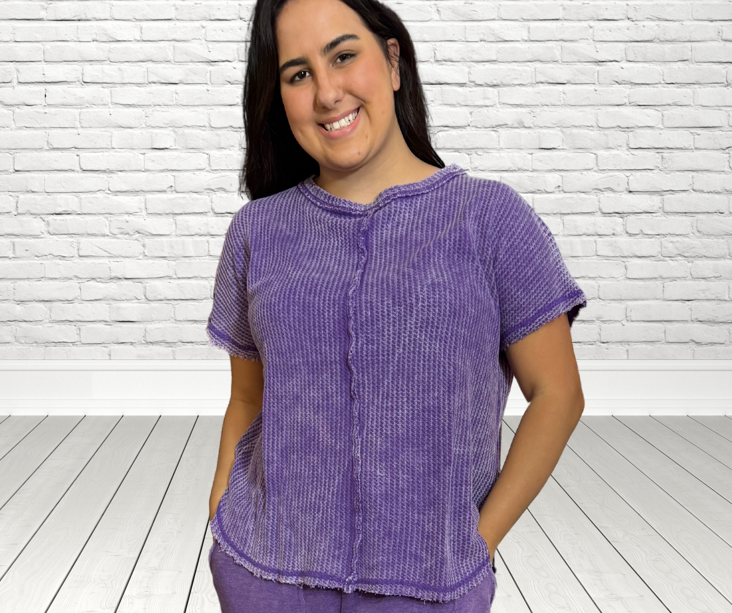 PURPLE HAZE WASHED BABY WAFFLE SHORT SLEEVE OVERSIZED TOP - SV Boutique & Co.