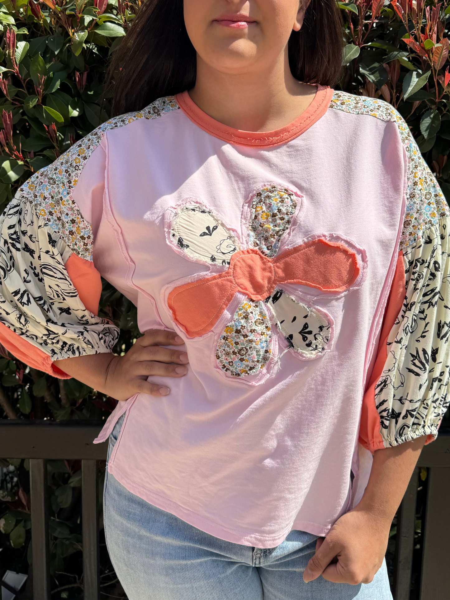 FLOWER PATCH OVERSIZED SOFT WASHED KNIT TOP BY EASEL - SV Boutique & Co.