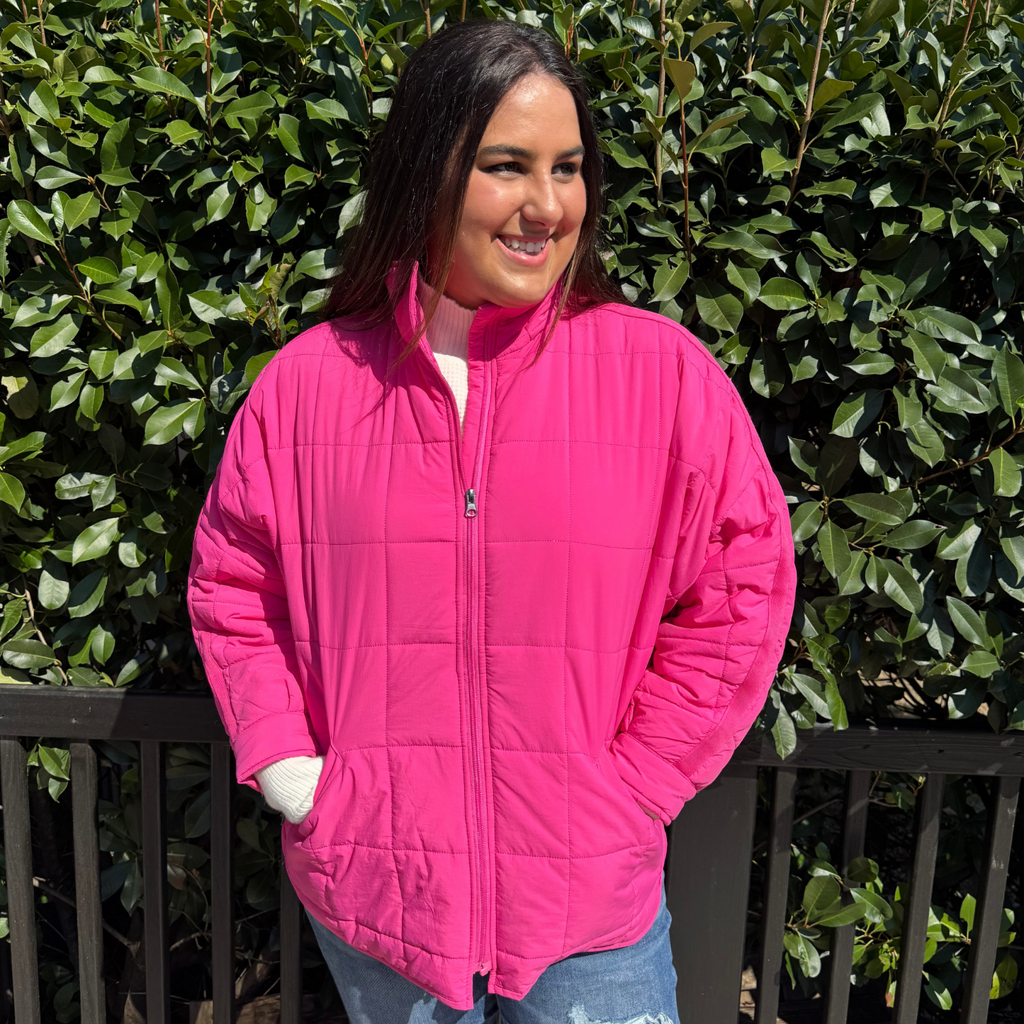 HOT PINK JACKET, LIGHTWEIGHT QUILTED SQUARES - SV Boutique & Co.