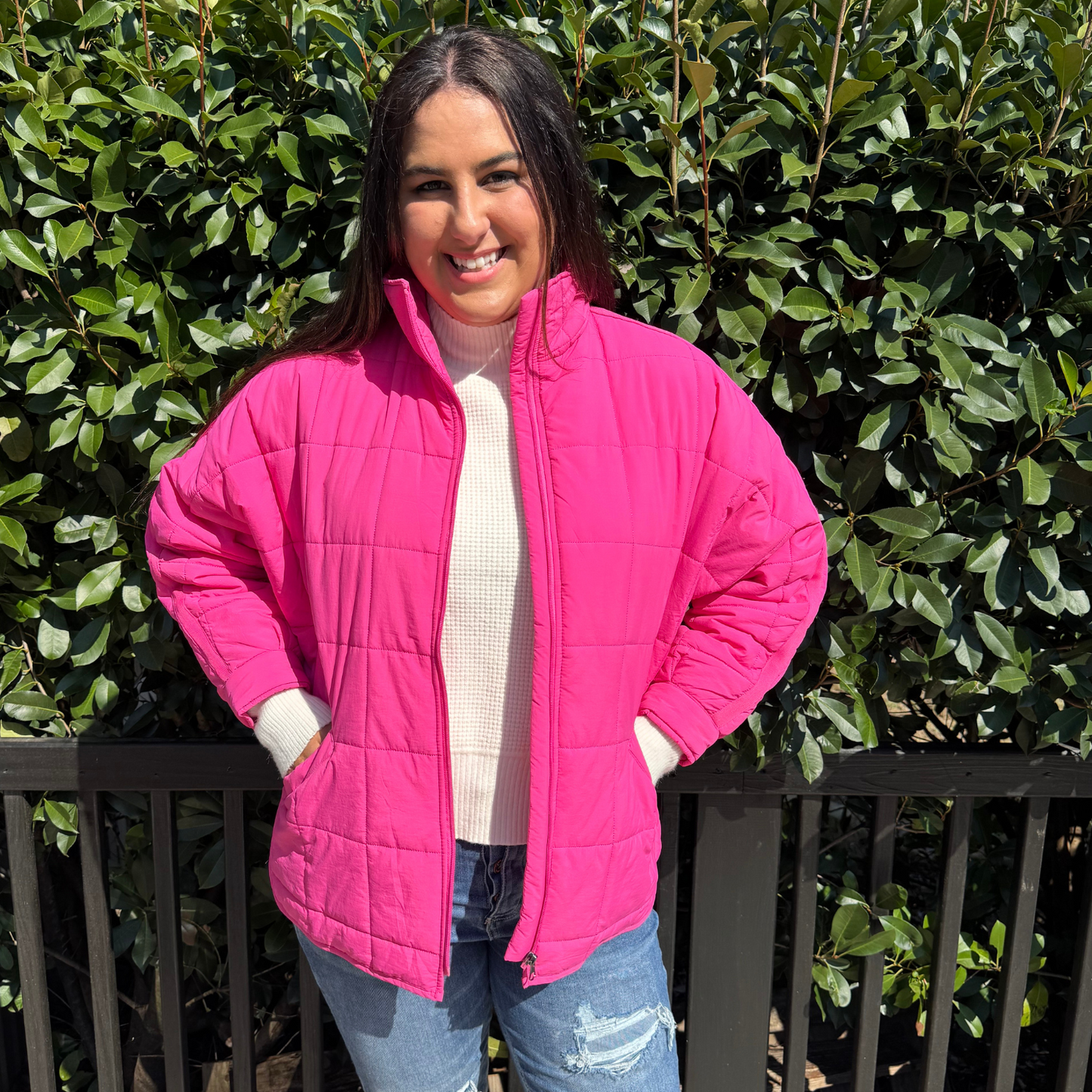 HOT PINK JACKET, LIGHTWEIGHT QUILTED SQUARES - SV Boutique & Co.