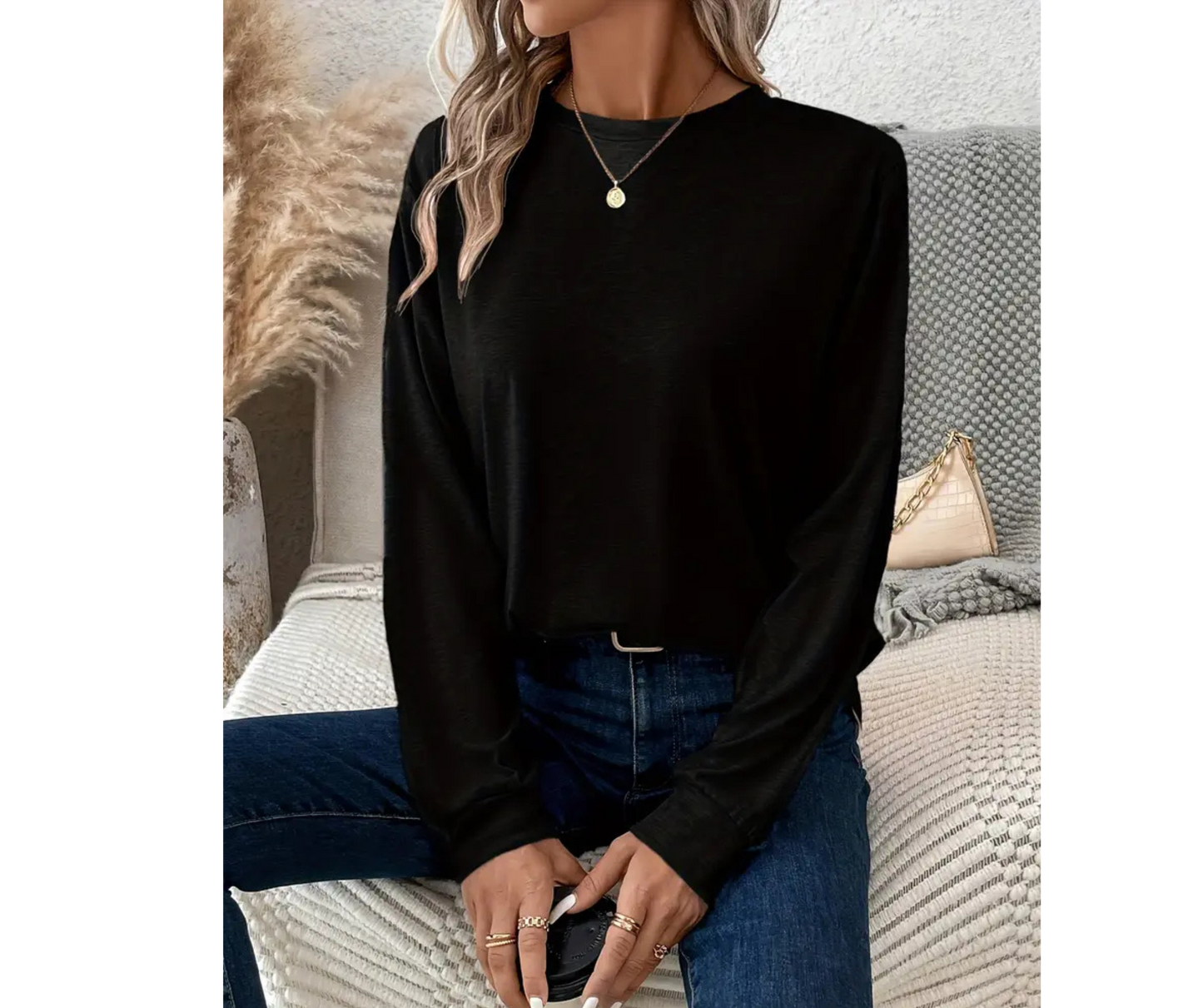BLACK LONG SLEEVE CREW NECK BASIC TOP - SV Boutique & Co.