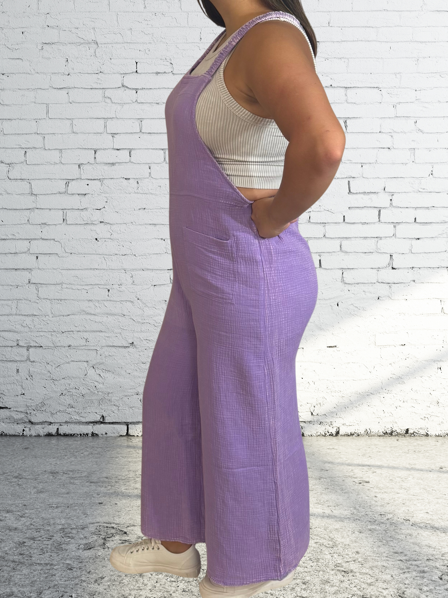 Grape Crush Washed double gauze elastic waist wide leg overalls - SV Boutique & Co.