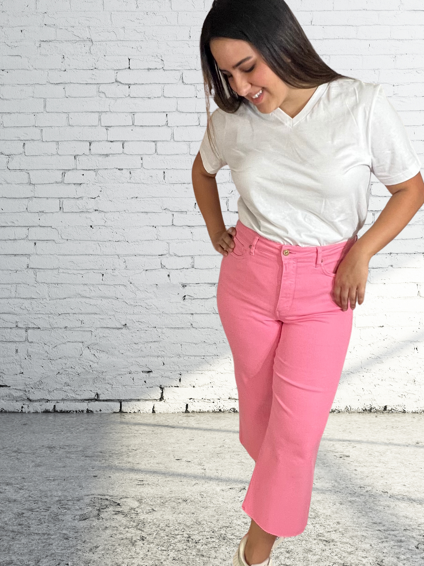 JUDY BLUE PINK PUNCH HIGH RISE TUMMY CONTROL WIDE LEG CROP JEAN - SV Boutique & Co.