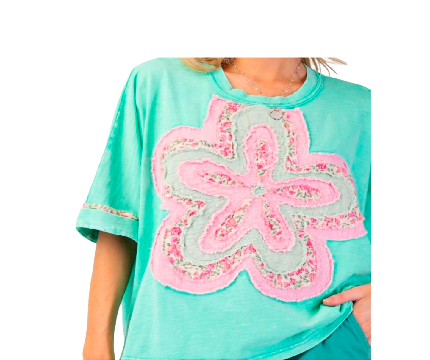 ATLANTIS GREEN FLOWER PATCH WASHED COTTON SLUB TOP EASEL - SV Boutique & Co.