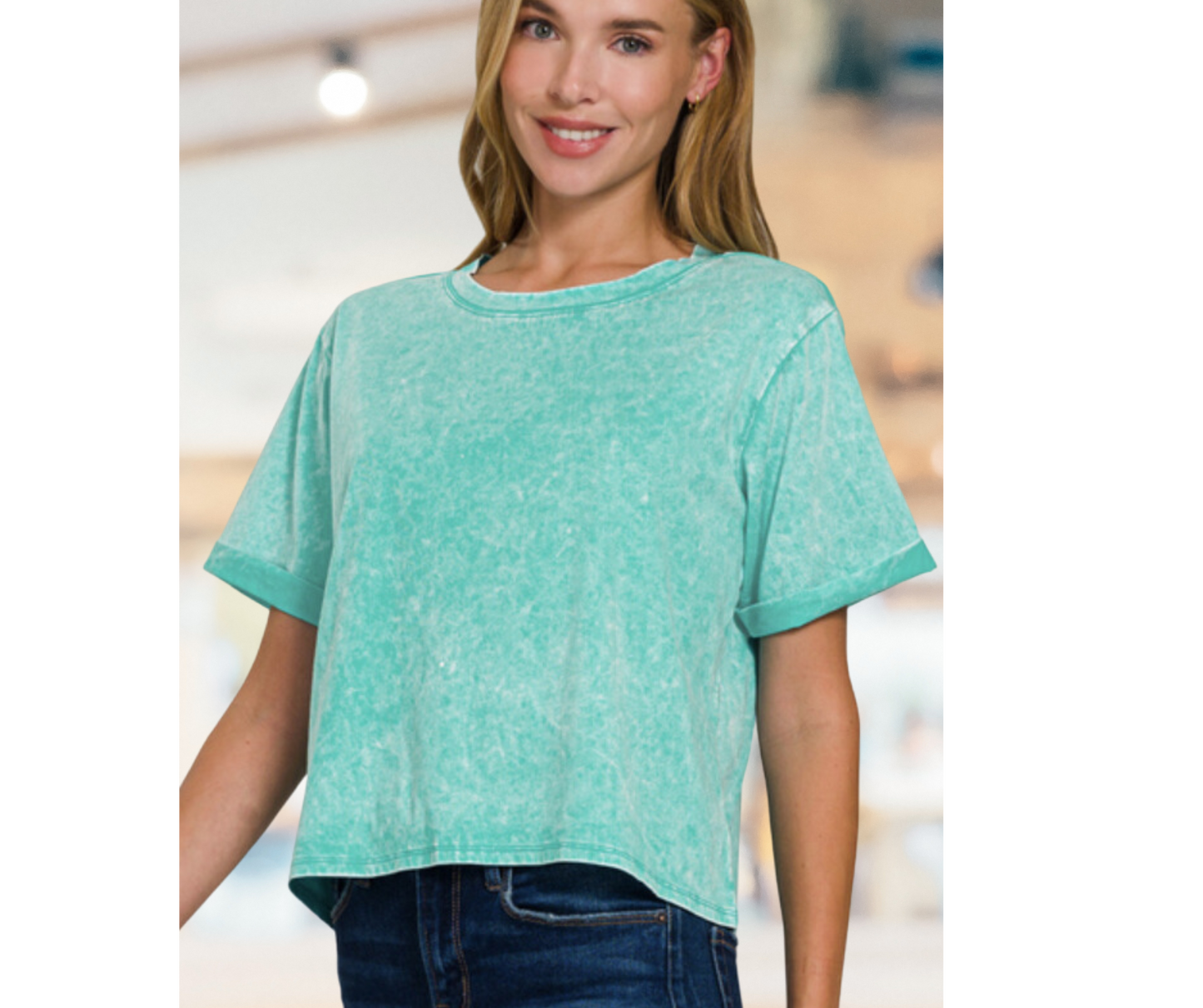 COOL TIDE ACID WASH ROLL-CUFF SHORT SLEEVE CROP TOP - SV Boutique & Co.